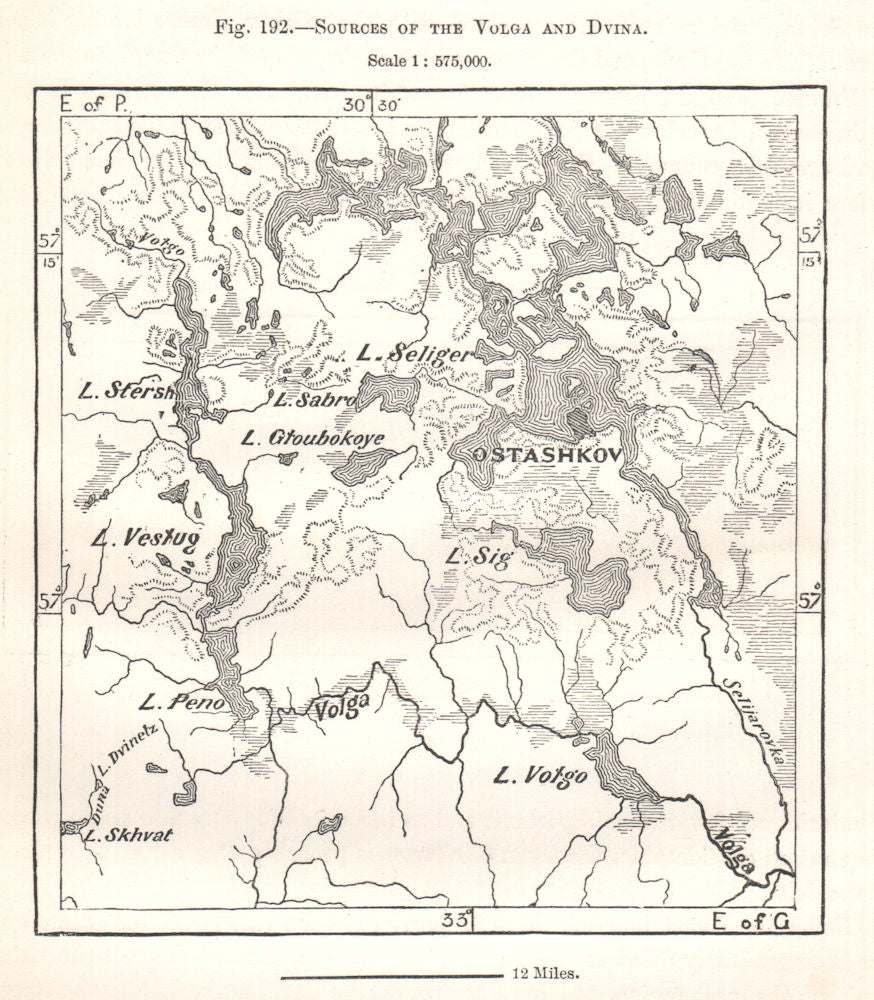 Sources of the Volga and Dvina. Ostashkov Russia. Sketch map 1885 old